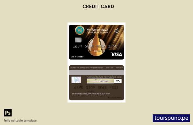 lista para imprimir plantilla de tarjeta visa dorada del Iraq Trade Bank of Iraq